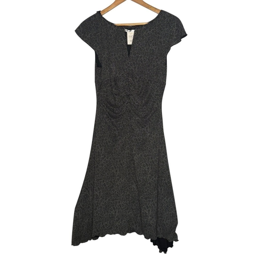 Black White Micro Dot Print Midi Dress Size S Asymmetrical Hem Grunge Goth Y2K